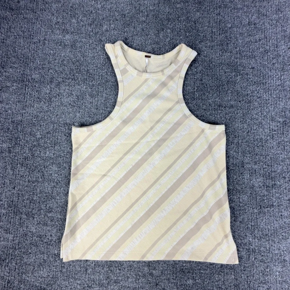 Free‎ People Tank Top Womens Small Beige Striped Crew Neck Sleeveless Knit